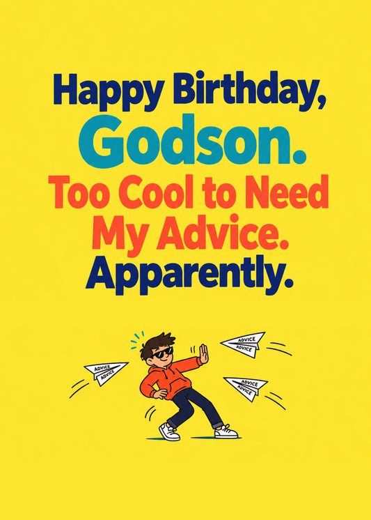 Funny birthday card showing bold navy, teal and red lettering above a teen in sunglasses dodging paper planes, by Gigglz
