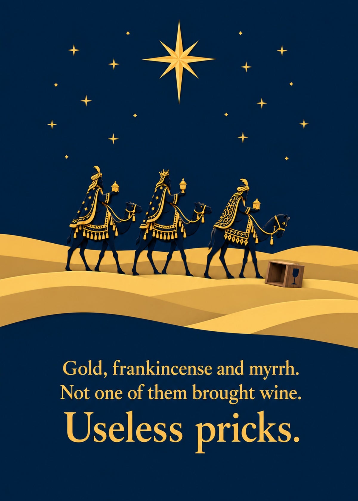 Rude Christmas card showing three wise men on camels silhouetted in gold against a starry midnight sky, by Gigglz