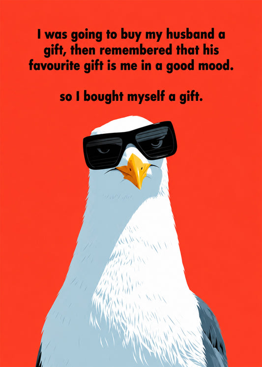 Funny anniversary card showing a deadpan seagull wearing black sunglasses, close up, on a bright red ground, by Gigglz