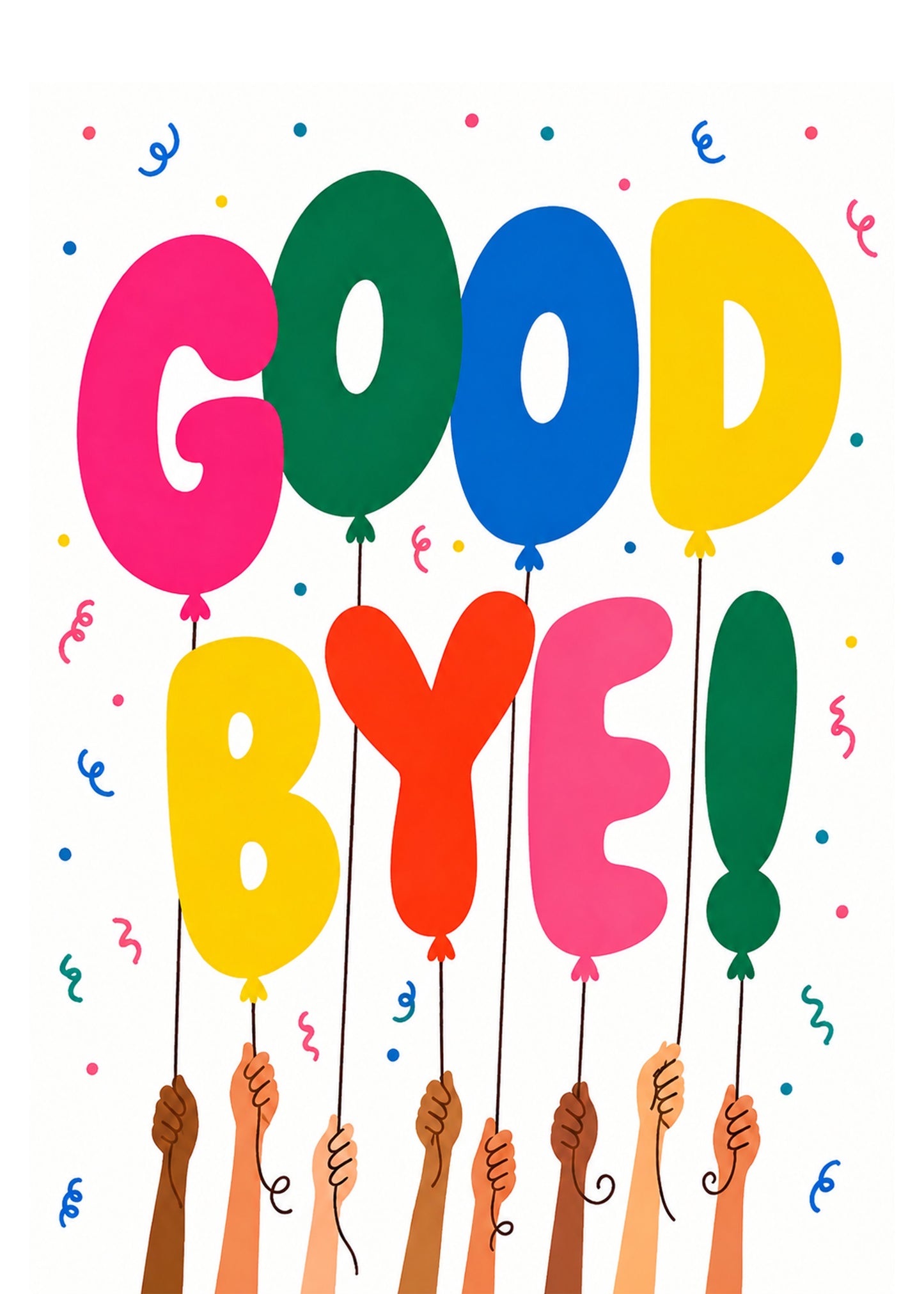 Bright leaving card showing colourful letter-shaped balloons spelling GOOD BYE with confetti, by Gigglz