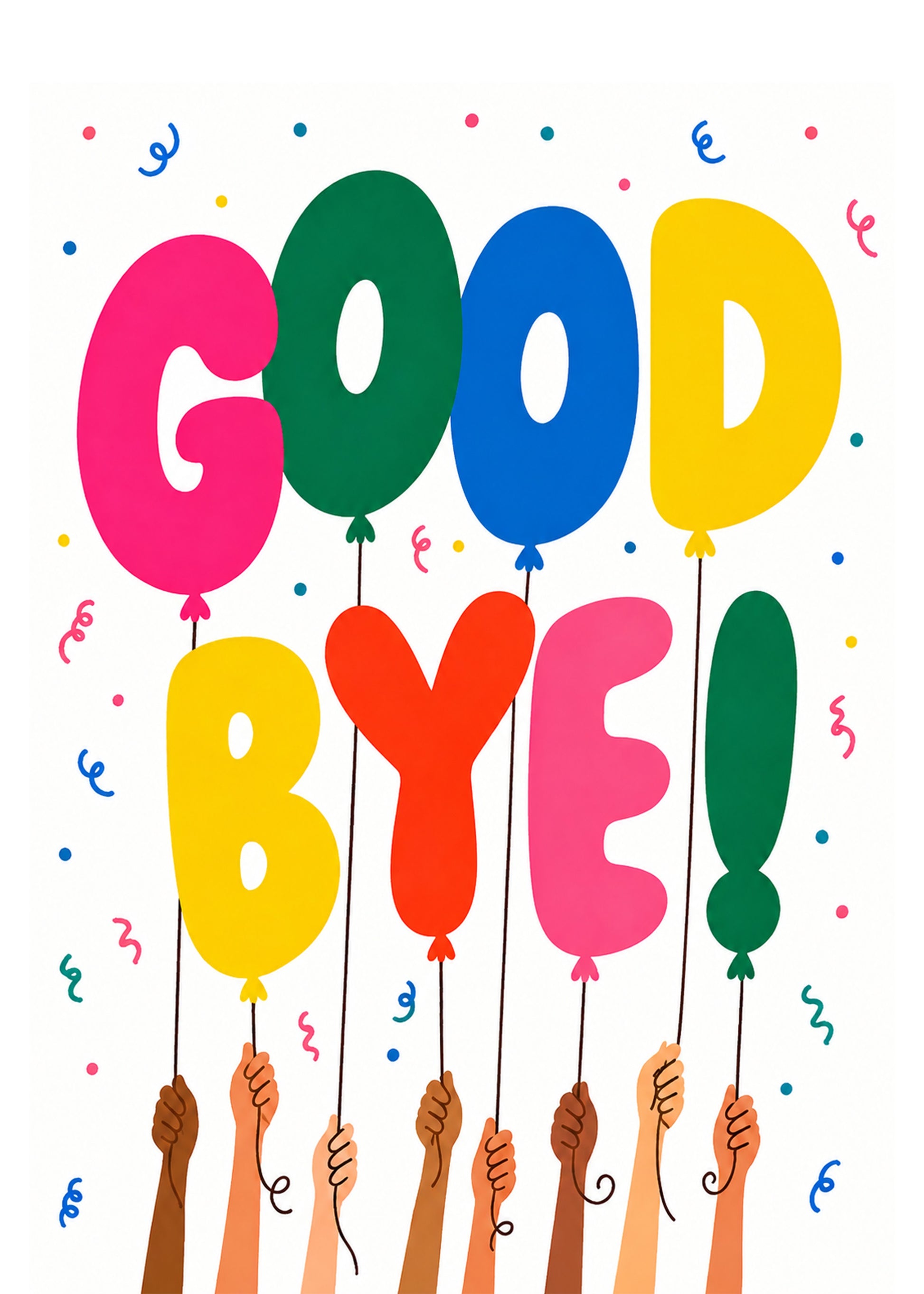 Bright leaving card showing colourful letter-shaped balloons spelling GOOD BYE with confetti, by Gigglz
