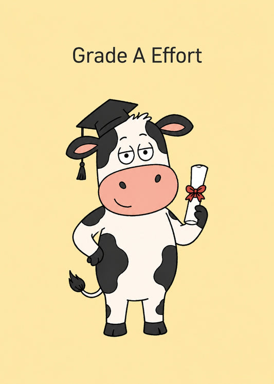 Funny congratulations card showing a cartoon cow in a graduation cap holding a diploma, with Grade A Effort text, by Gigglz
