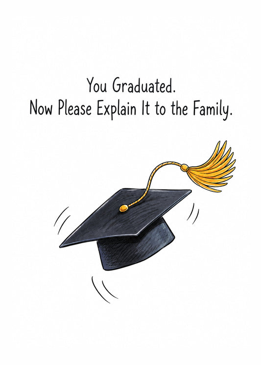 Funny graduation card showing a mortarboard with a gold tassel tossed into the air on a white ground, by Gigglz