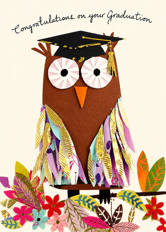 Cute congratulations card showing a paper-collage owl in a graduation cap perched among colourful flowers, by Gigglz