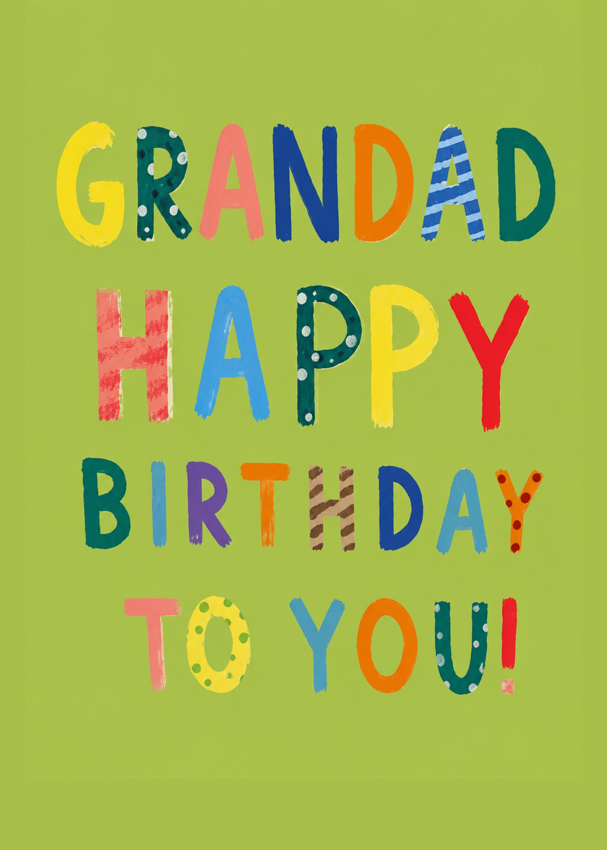 Bright birthday card showing multicoloured hand-painted lettering on a fresh green background, with Grandad text, by Gigglz