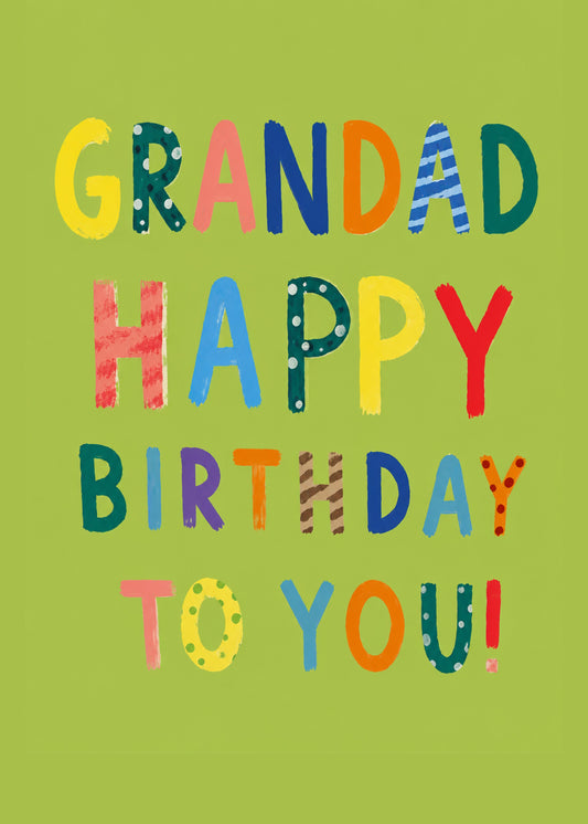 Bright birthday card showing multicoloured hand-painted lettering on a fresh green background, with Grandad text, by Gigglz