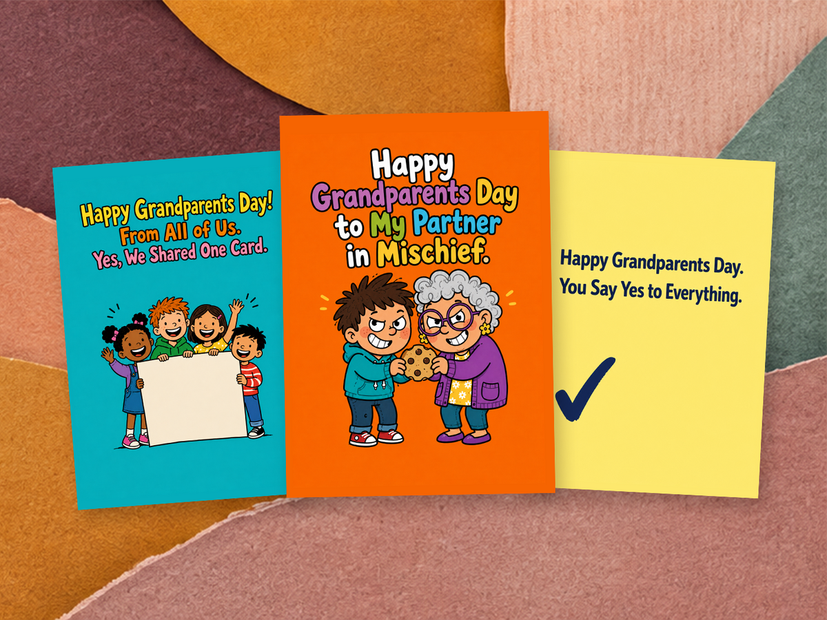 Three colorful greeting cards arranged on a textured abstract background. The left card is teal with a cartoon group of children and the text 'Happy Grandparents Day! From All of Us, Yes, We Shared One Card.