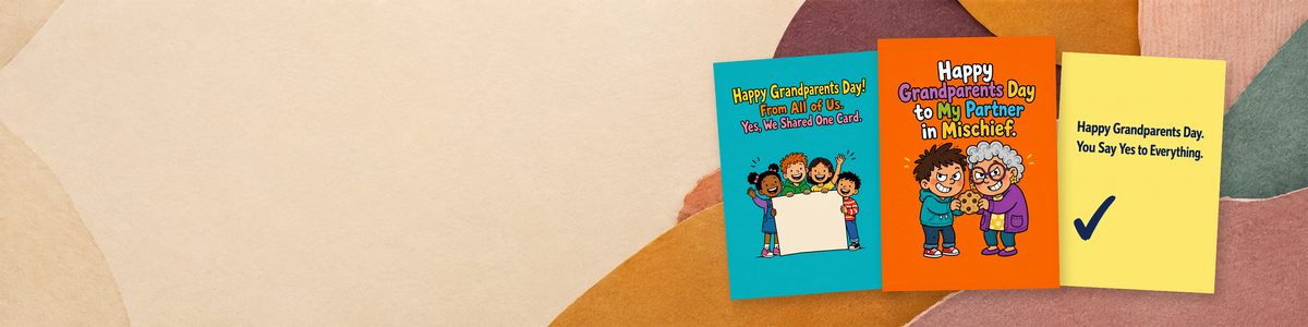 Three colorful greeting cards arranged on a decorative beige and tan background. The left card is turquoise with children holding a sign that reads 'Happy Grandparents Day We're Together!'.