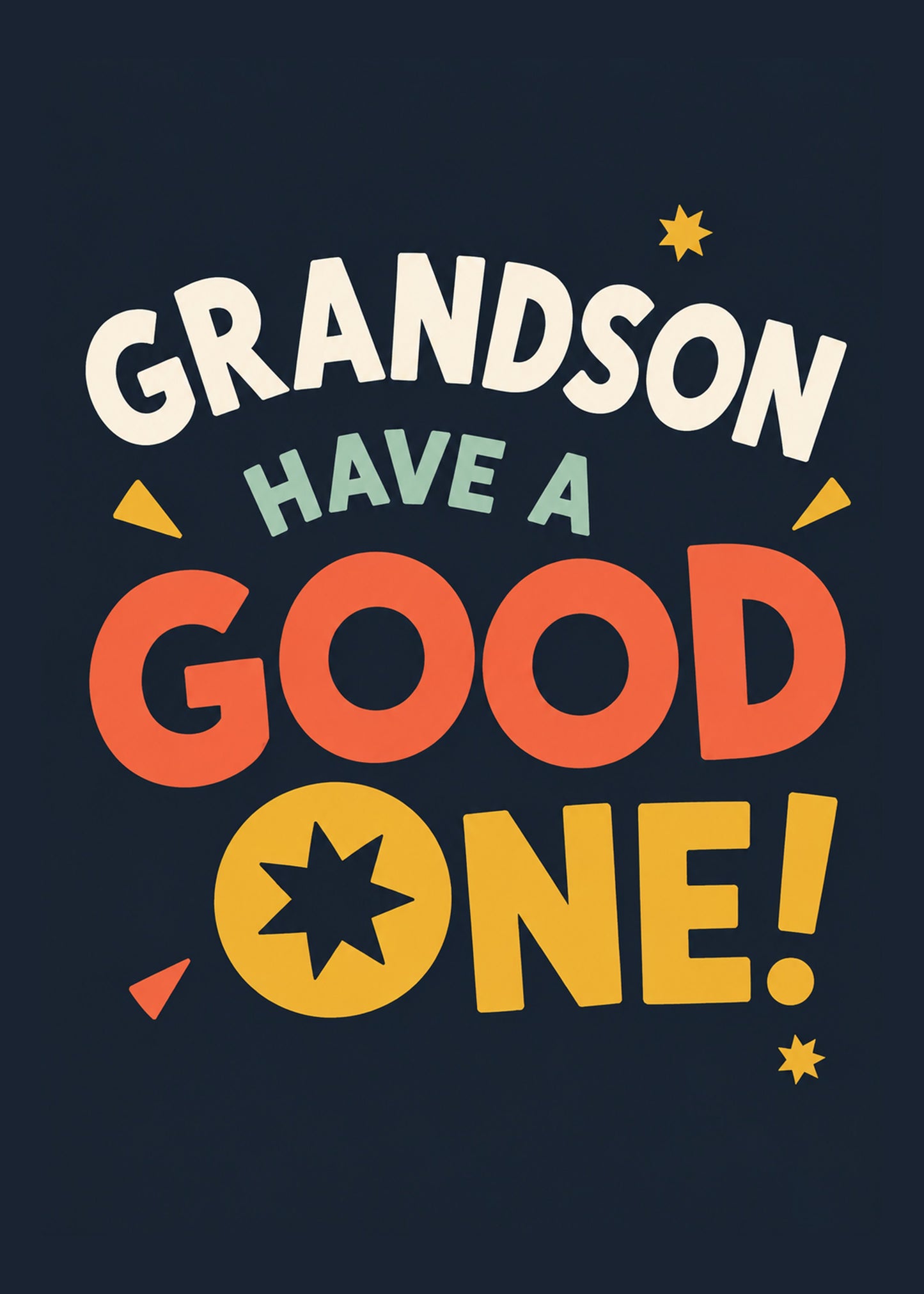 Funny birthday card showing bold oversized lettering with stars and confetti on a dark navy background, by Gigglz