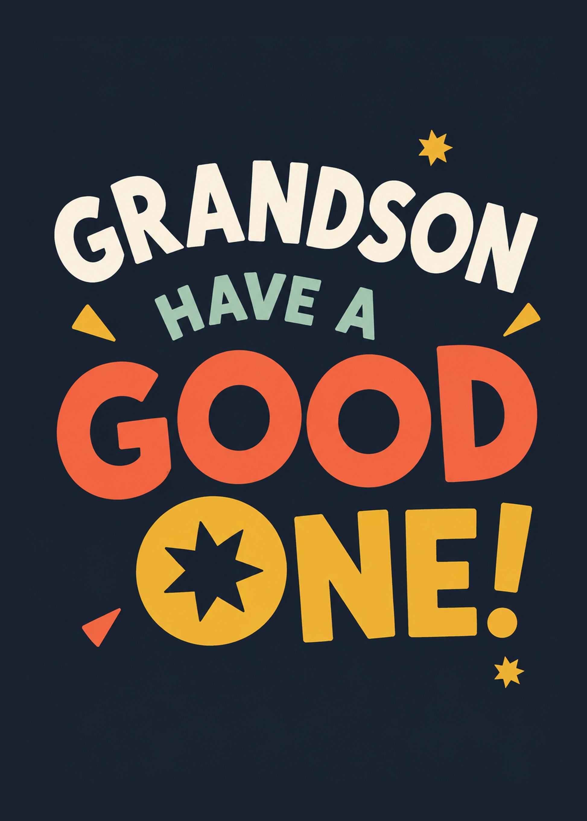 Funny birthday card showing bold oversized lettering with stars and confetti on a dark navy background, by Gigglz