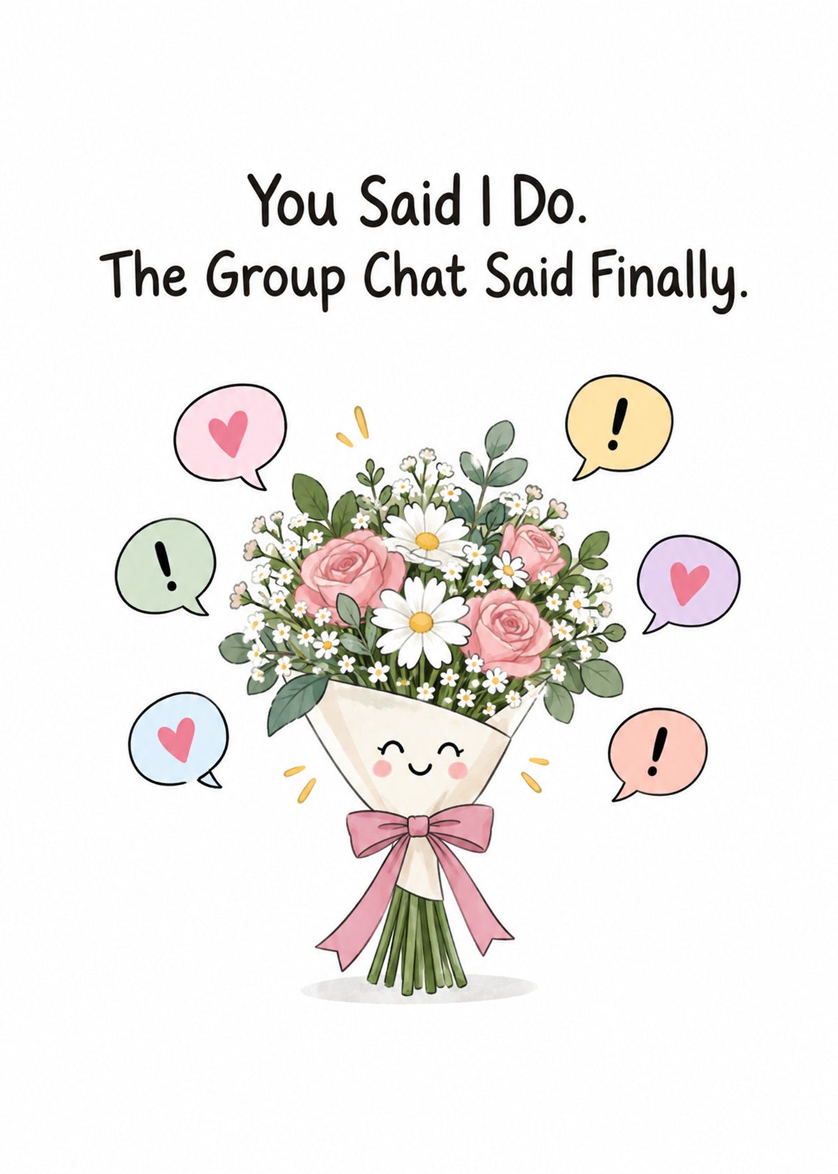 Funny wedding card showing a smiling cartoon wedding bouquet surrounded by heart and exclamation speech bubbles, by Gigglz