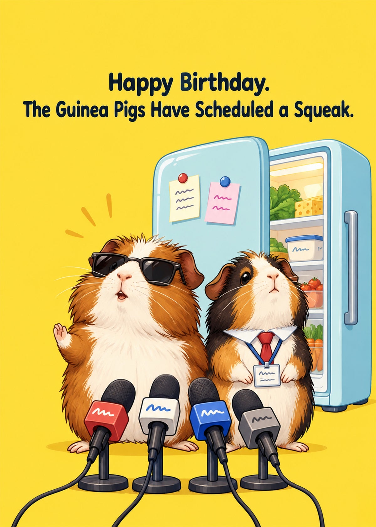 Funny birthday card showing two guinea pigs holding a press conference at a bank of microphones in front, by Gigglz