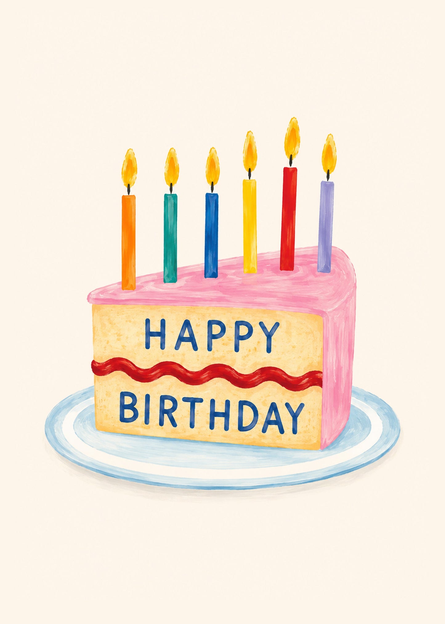 Cute birthday card showing a hand-painted pink iced birthday cake with six colourful candles, by Gigglz