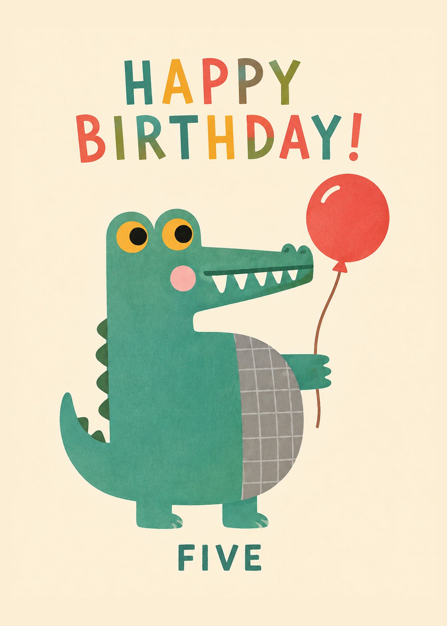 Cute birthday card showing a friendly green crocodile holding a red balloon, with Happy Birthday Five text, by Gigglz