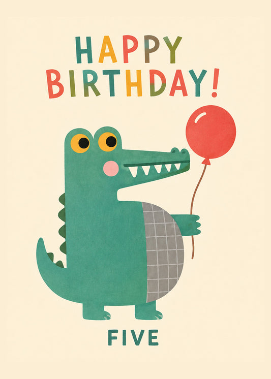 Cute birthday card showing a friendly green crocodile holding a red balloon, with Happy Birthday Five text, by Gigglz