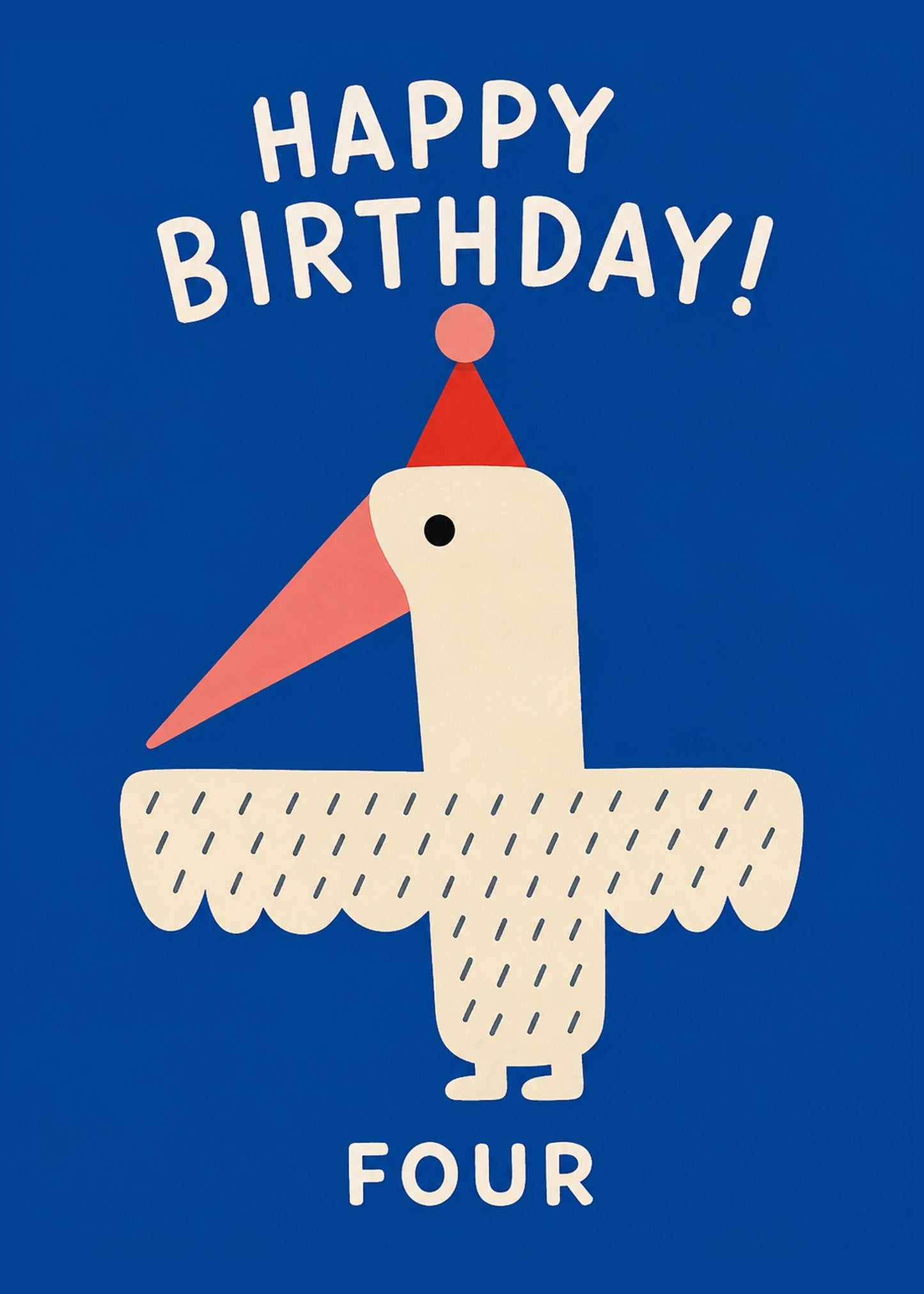 Cute birthday card showing a simple white bird character wearing a party hat on a rich blue background, by Gigglz