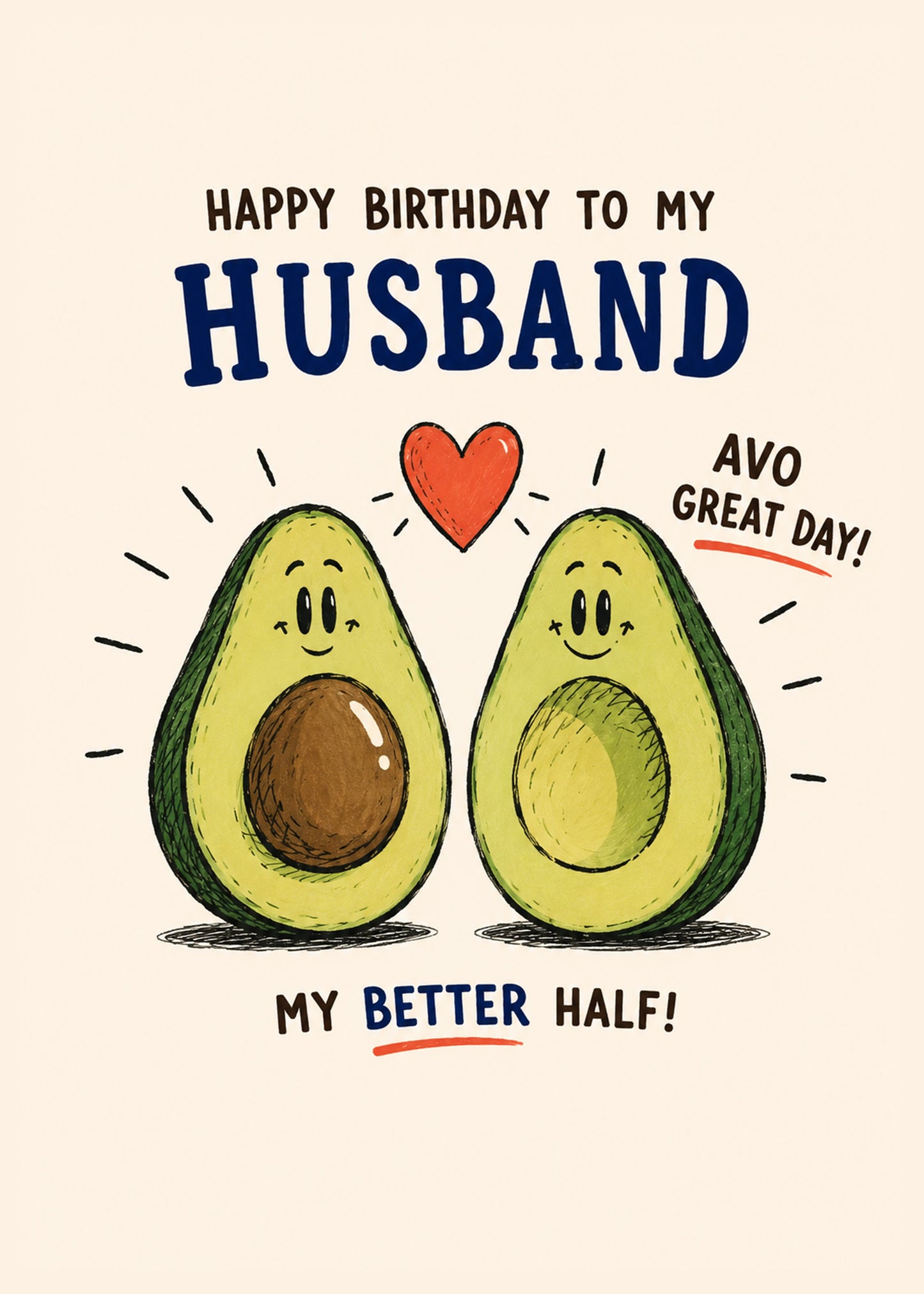 Funny birthday card showing two smiling avocado halves beneath a red heart, with Avo Great Birthday text, by Gigglz