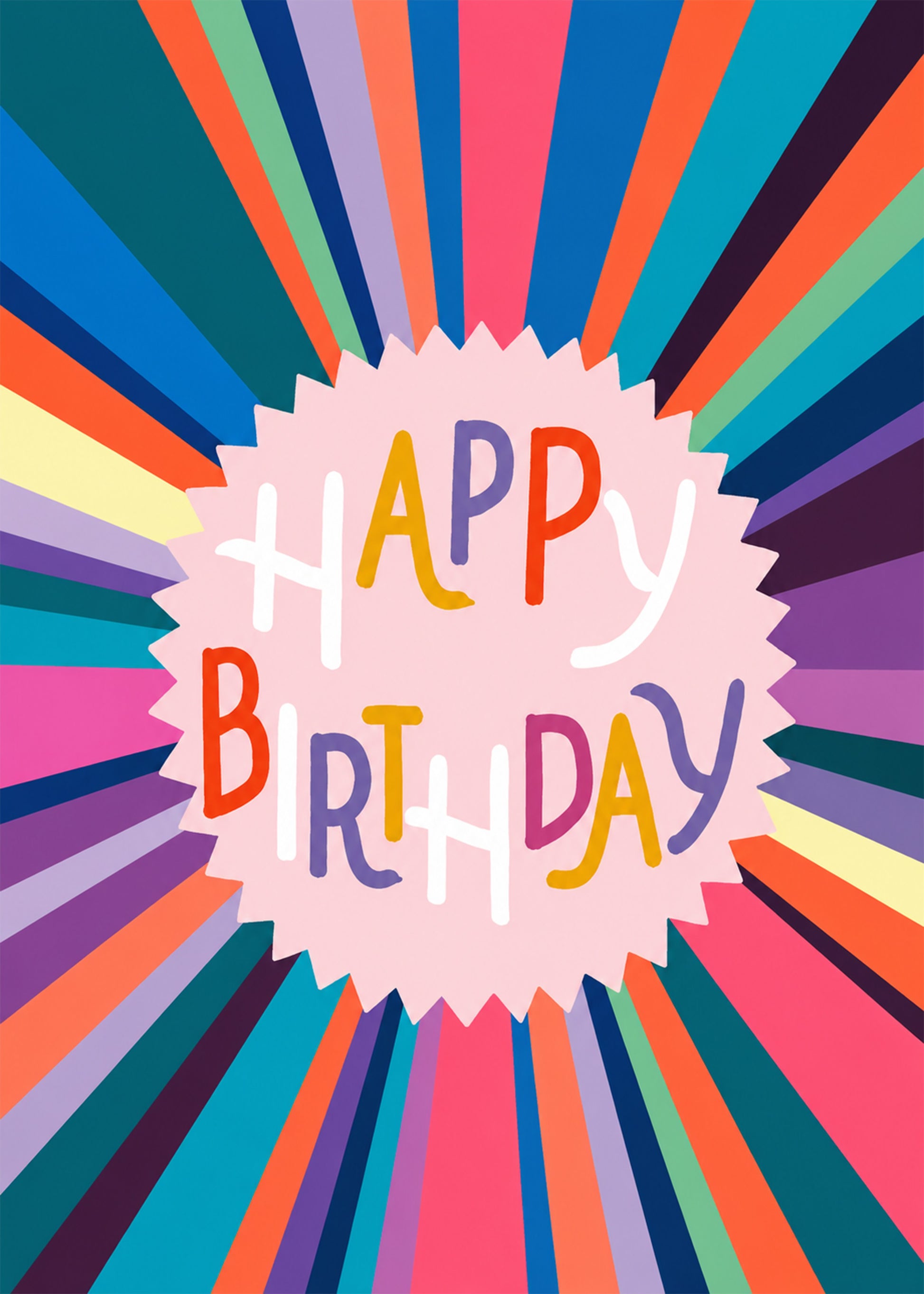 Bright birthday card showing colourful radial stripes around hand-drawn birthday lettering, by Gigglz