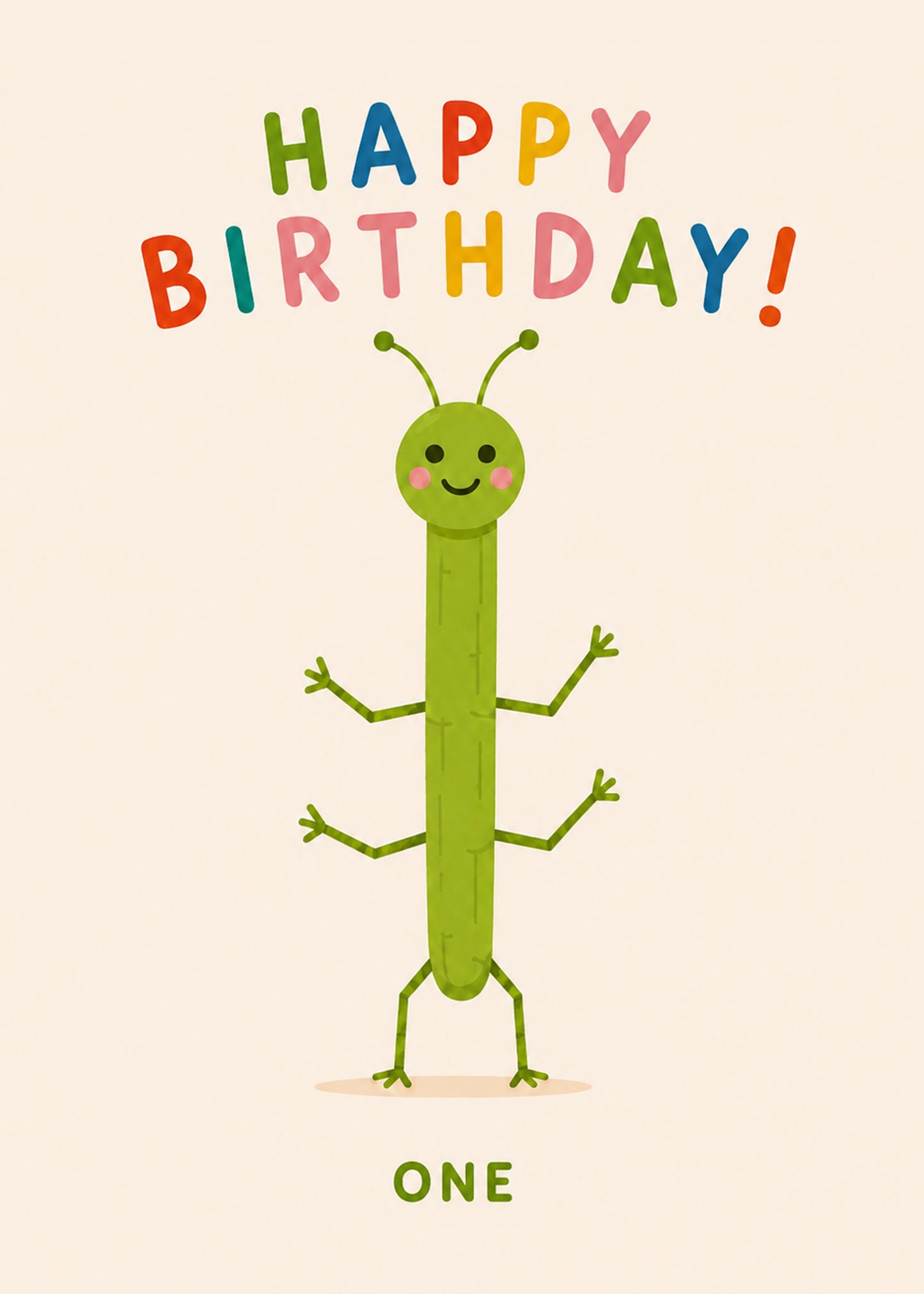 Cute birthday card showing a friendly green caterpillar shaped like the number one, with Happy Birthday One text, by Gigglz