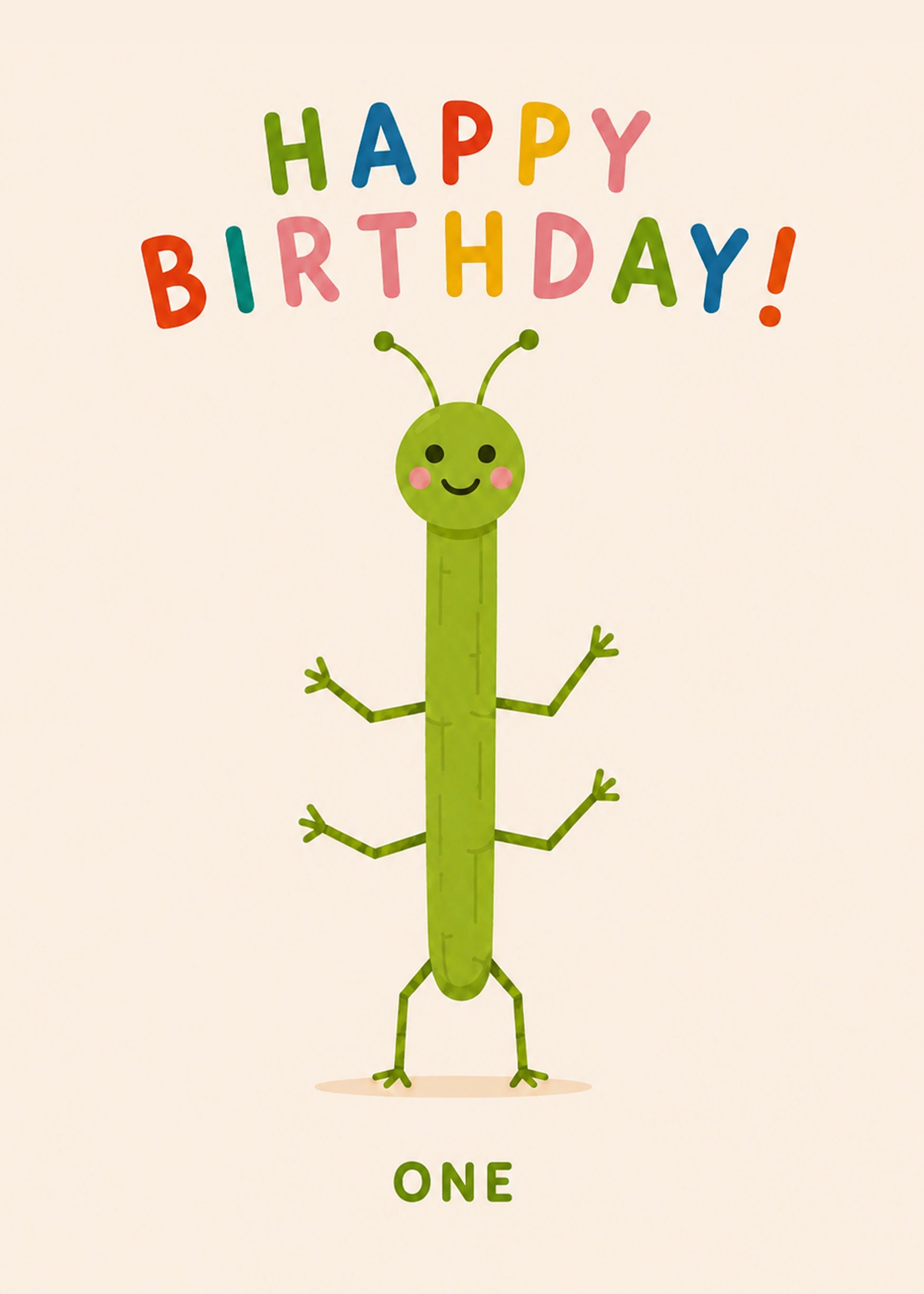 Cute birthday card showing a friendly green caterpillar shaped like the number one, with Happy Birthday One text, by Gigglz
