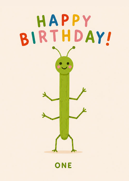 Cute birthday card showing a friendly green caterpillar shaped like the number one, with Happy Birthday One text, by Gigglz