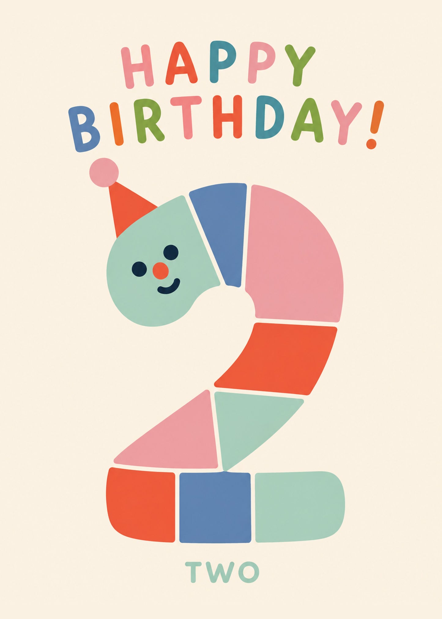 Cute birthday card showing a pastel segmented number two character wearing a party hat, by Gigglz