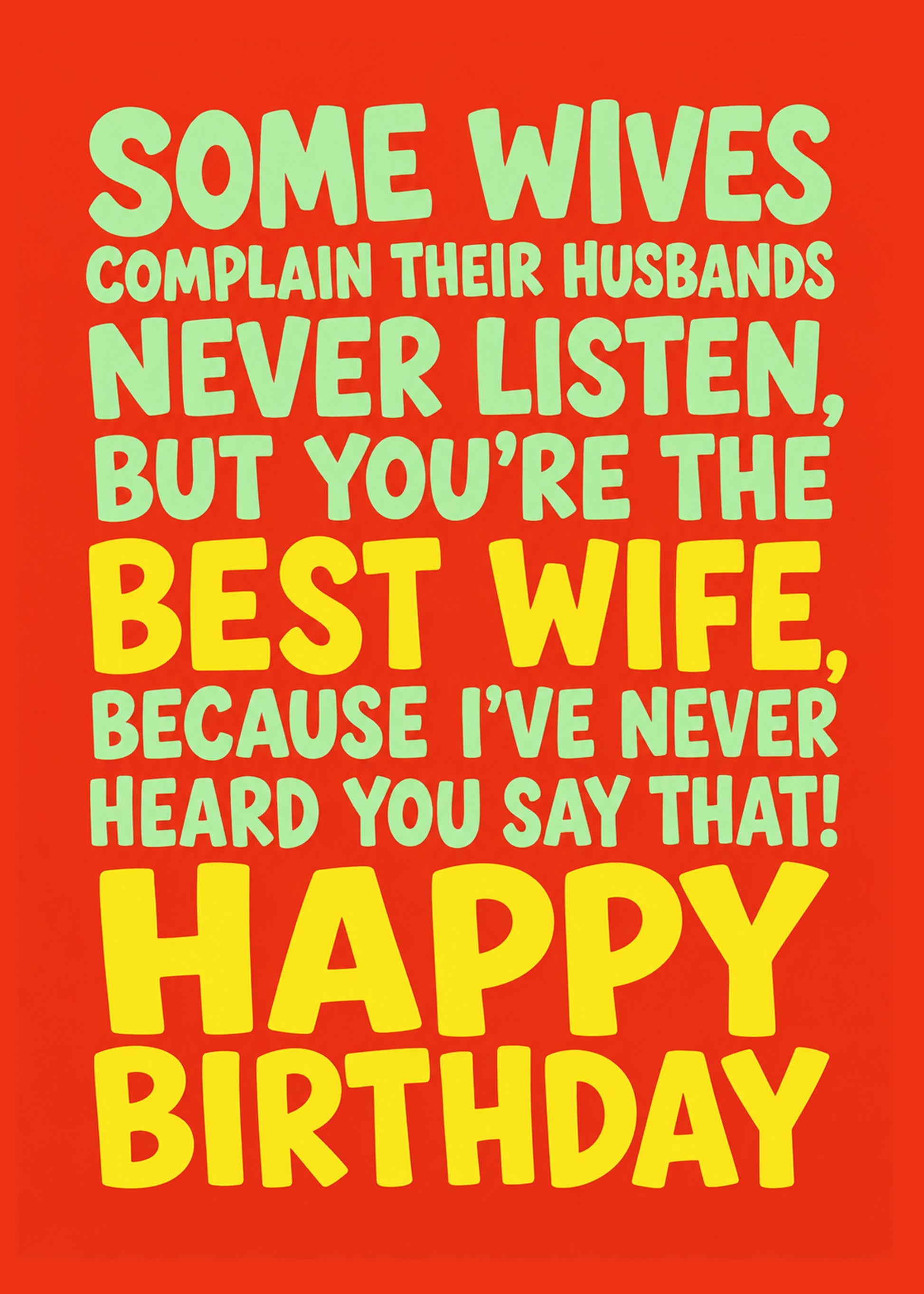Funny birthday card showing bold colourful text-only lettering, with You're the Best Wife text, by Gigglz