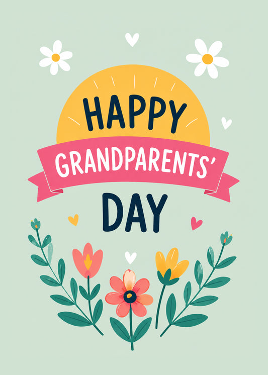 Cute Grandparents Day card showing a sunny banner reading Happy Grandparents' Day above spring flowers, by Gigglz