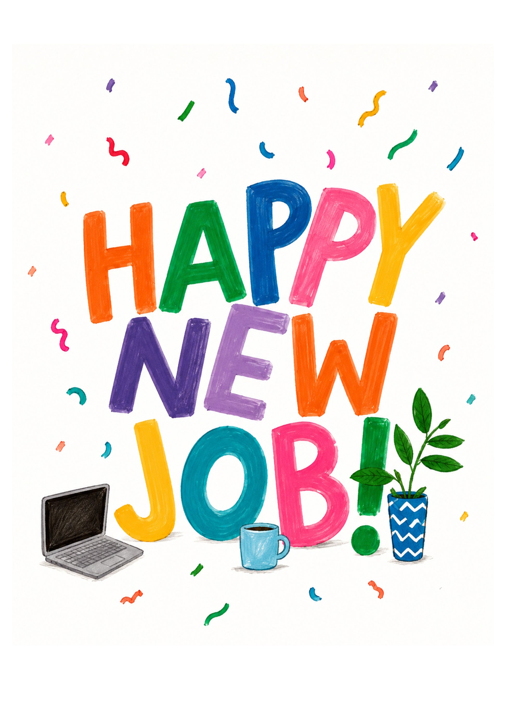 Bright leaving card showing colourful hand-drawn lettering with confetti, a laptop, coffee mug and plant, by Gigglz