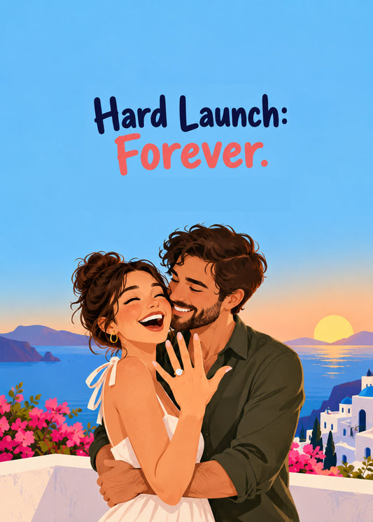 Funny engagement card showing a joyful couple embracing on a sunset Mediterranean terrace as she shows off her, by Gigglz