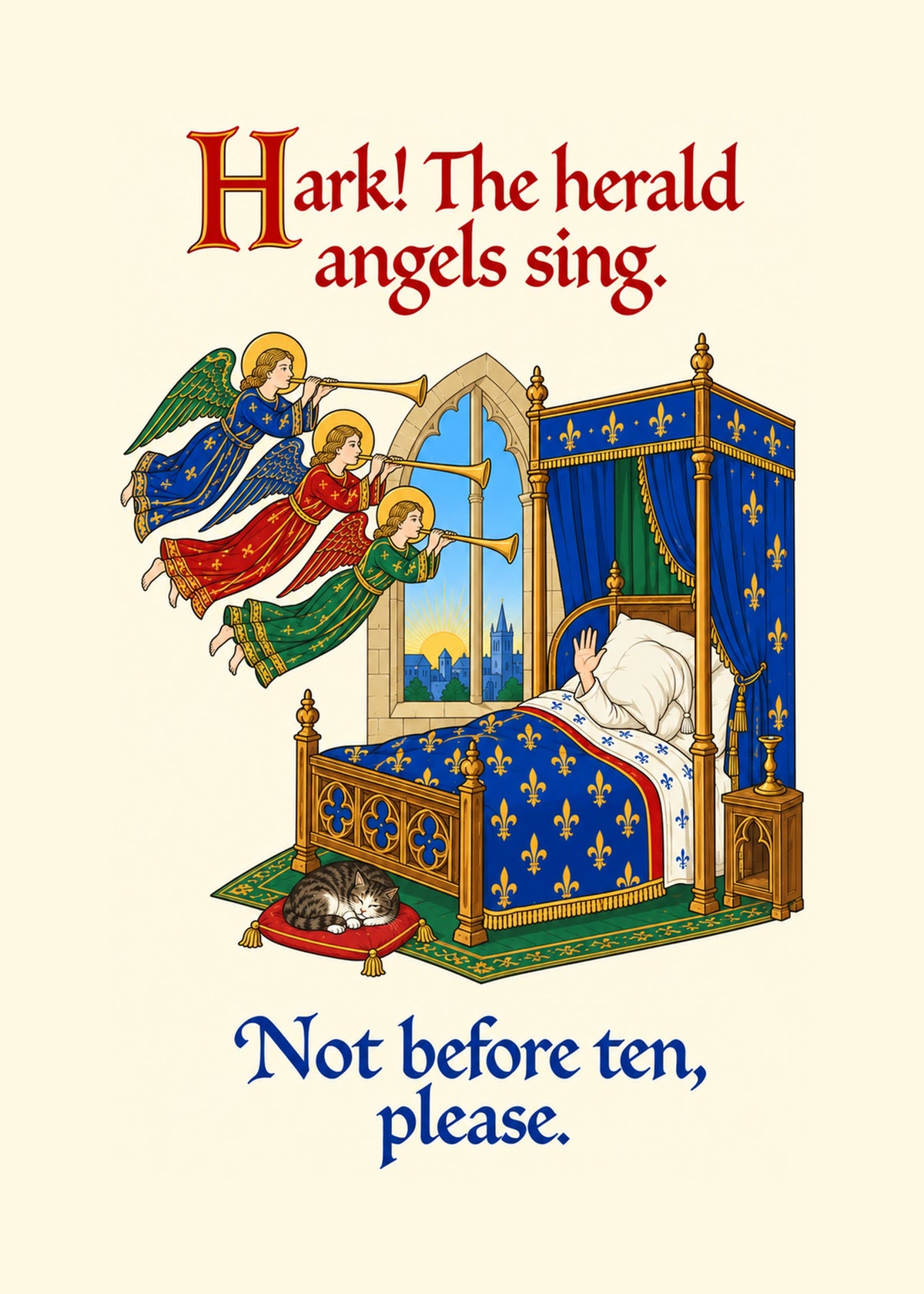 Funny Christmas card showing an illuminated-manuscript style scene of trumpeting angels waking a sleeper, by Gigglz