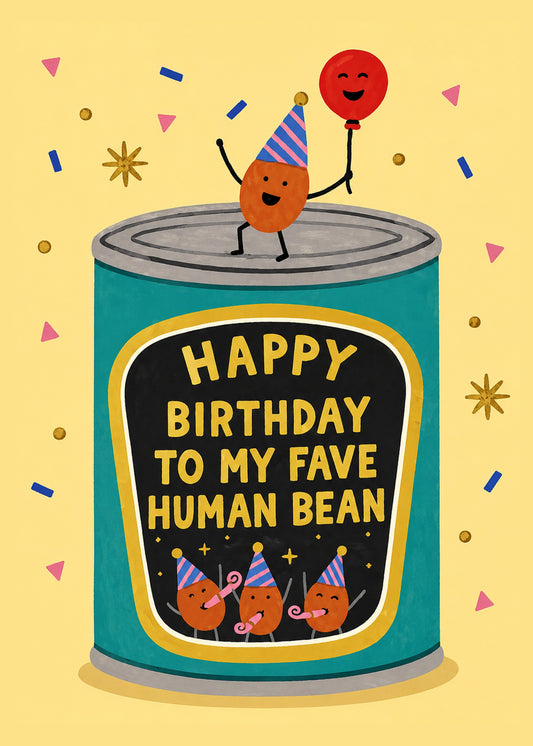 Funny birthday card showing a tin of baked beans with dancing bean characters in party hats, by Gigglz