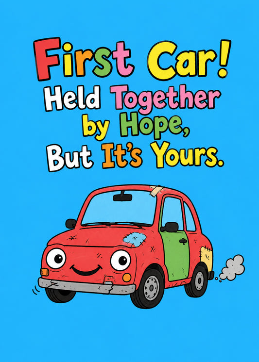 Funny congratulations card showing a battered but cheerful red cartoon car with a friendly face, by Gigglz