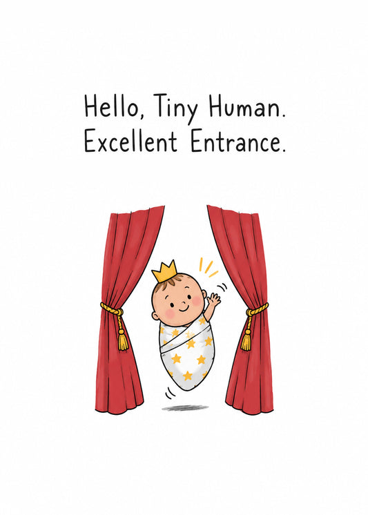 Cute new baby card showing a swaddled baby in a tiny crown taking a bow between red theatre curtains on a white, by Gigglz