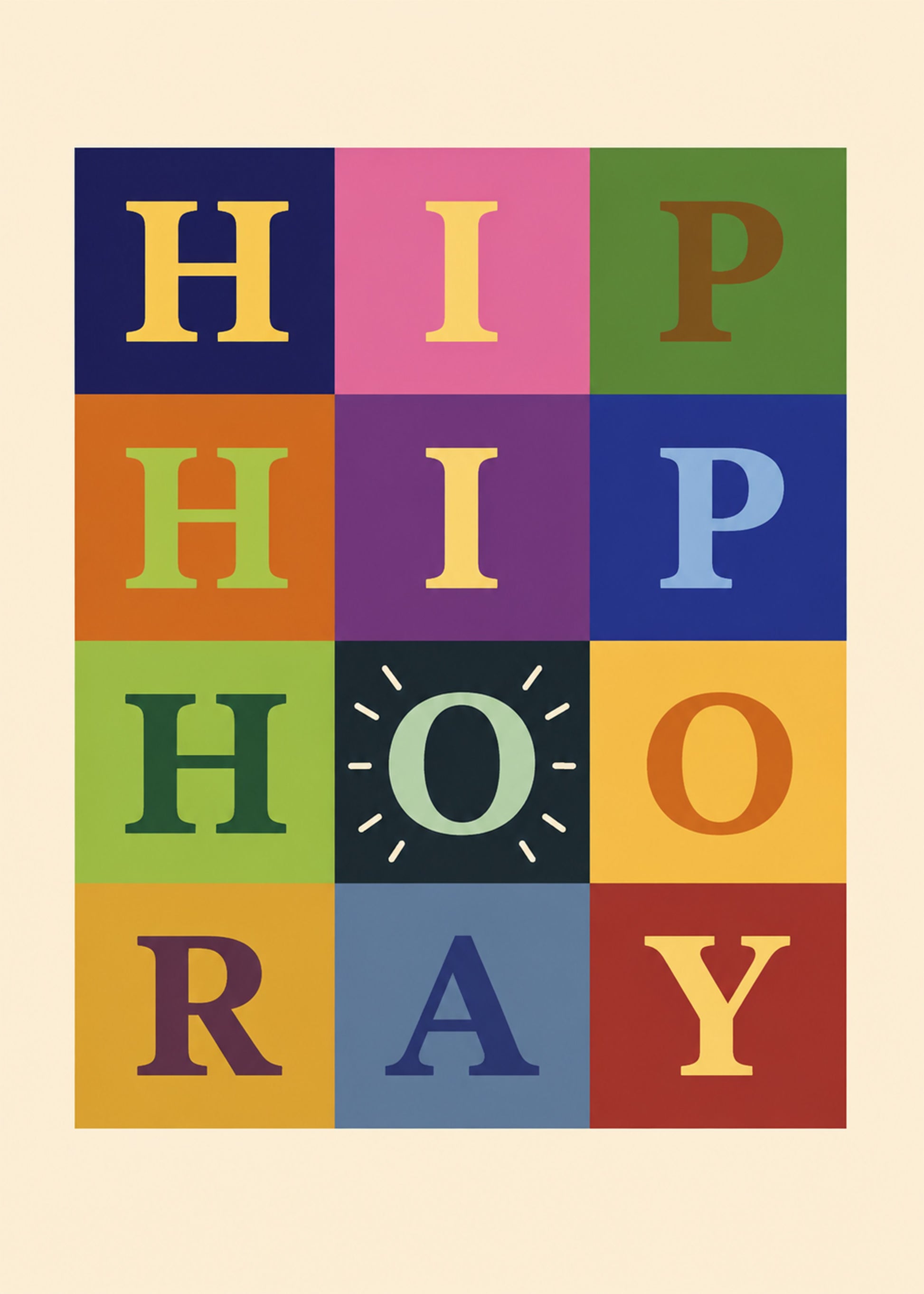 Bright congratulations card showing a colourful nine-panel typographic grid spelling HIP HIP HOORAY, by Gigglz