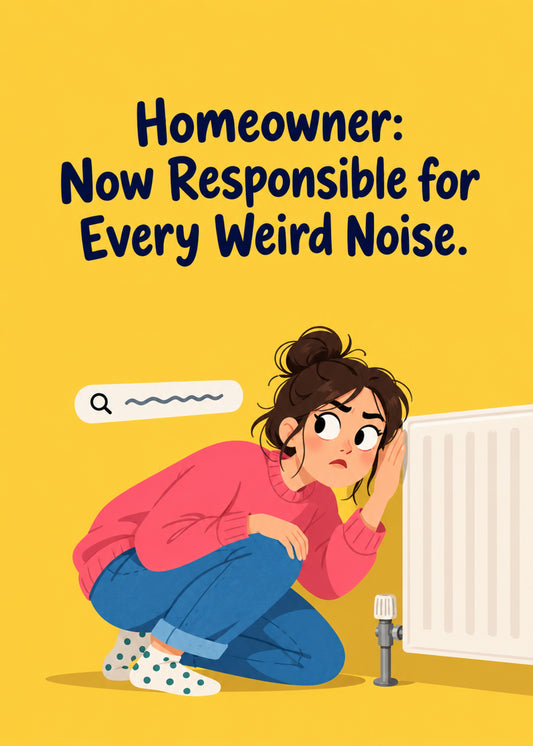 Funny new home card showing a worried new homeowner crouched with her ear to a radiator beneath a search bar, by Gigglz