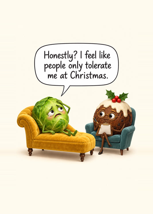 Funny Christmas card showing a glum Brussels sprout on a therapist's chaise longue confiding in a Christmas, by Gigglz
