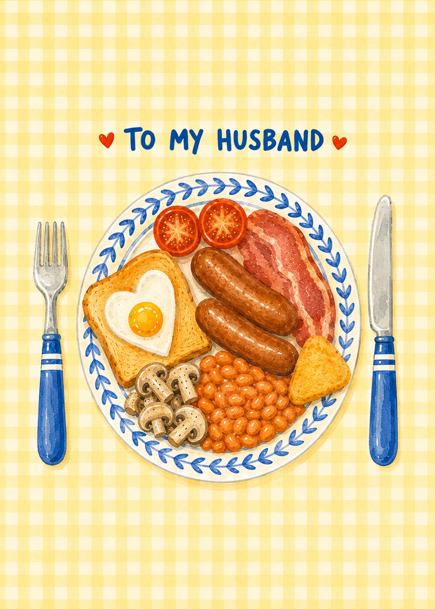 Cute anniversary card showing a watercolour full English breakfast with a heart-shaped fried egg, by Gigglz