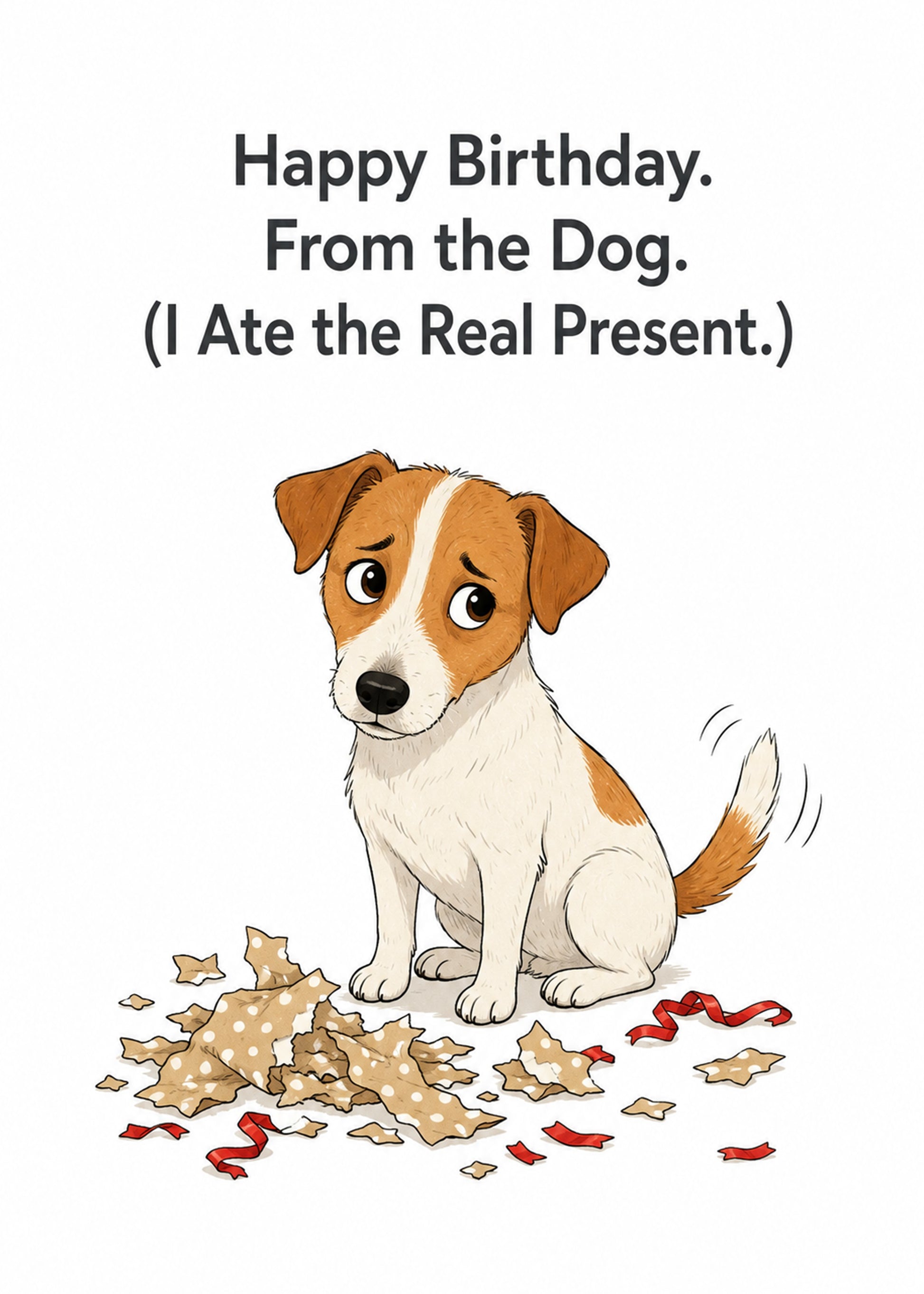Funny birthday card showing a guilty Jack Russell terrier sitting in shredded wrapping paper, by Gigglz