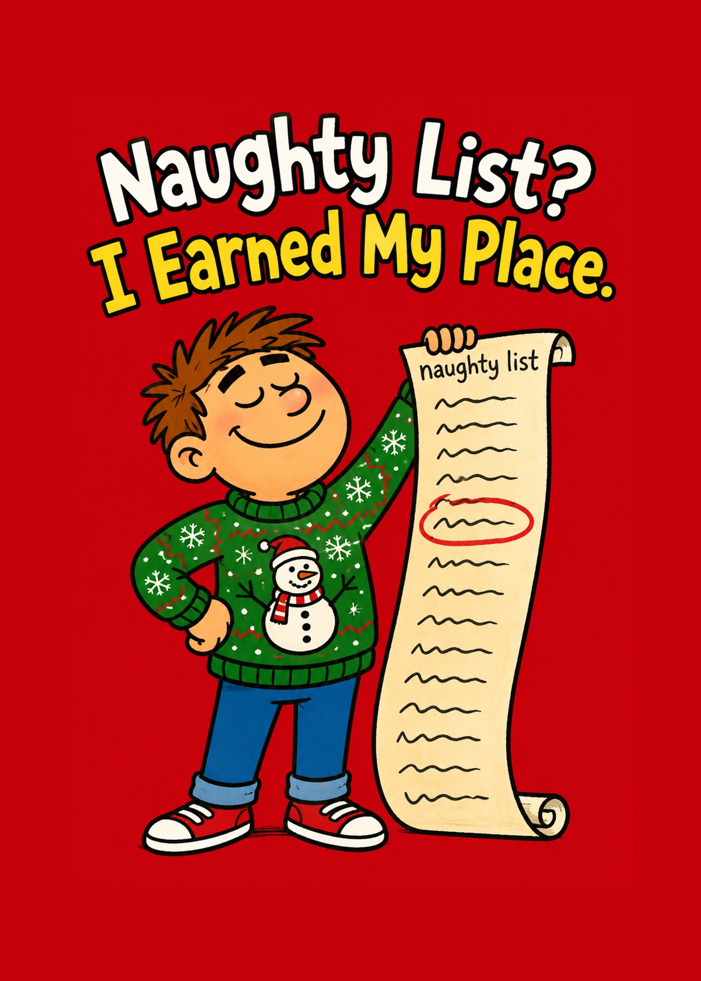 Funny Christmas card showing a proud cartoon lad in a Christmas jumper holding a long naughty list, by Gigglz