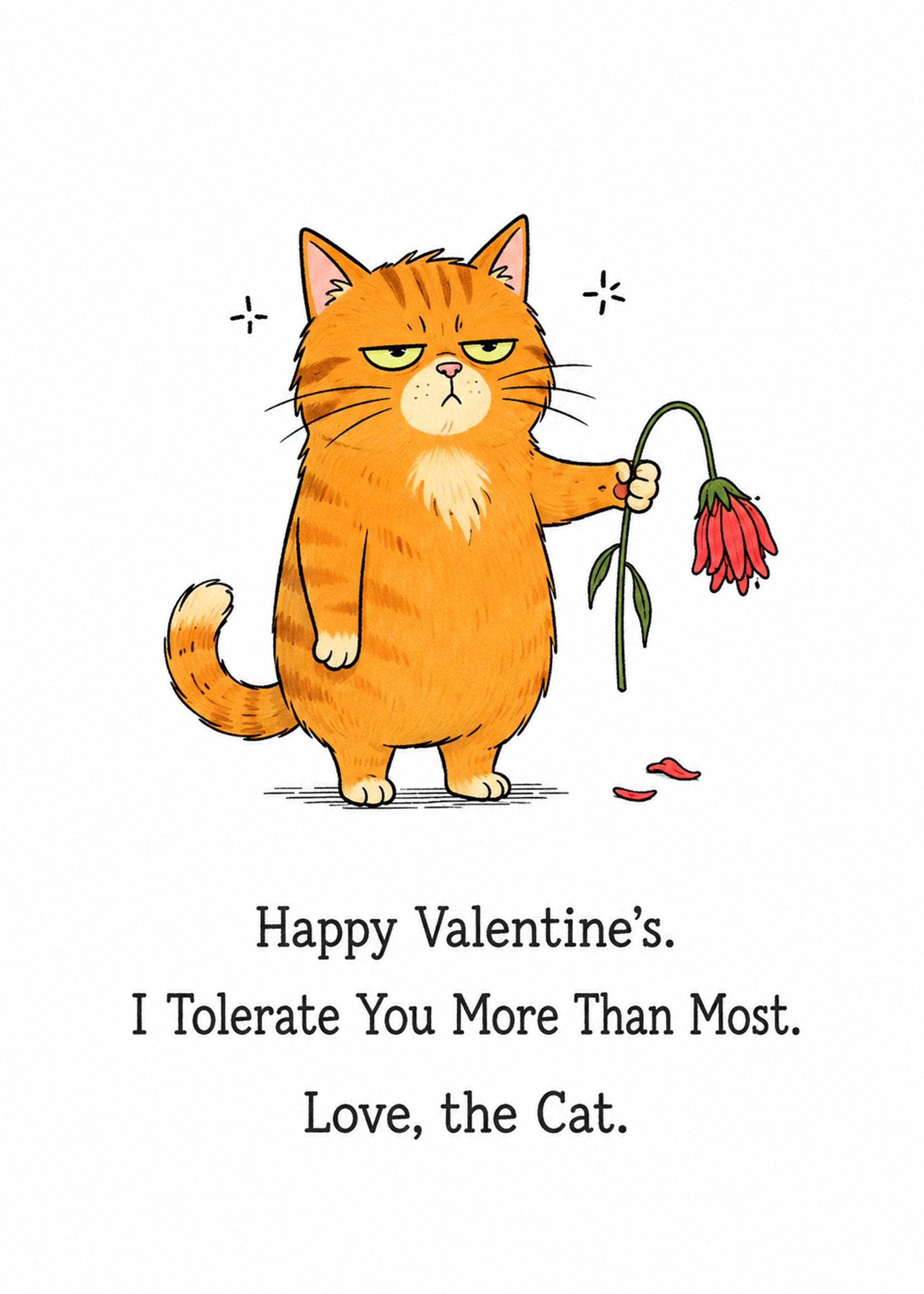 Funny Valentine's card showing a grumpy ginger cat holding a drooping red flower, by Gigglz