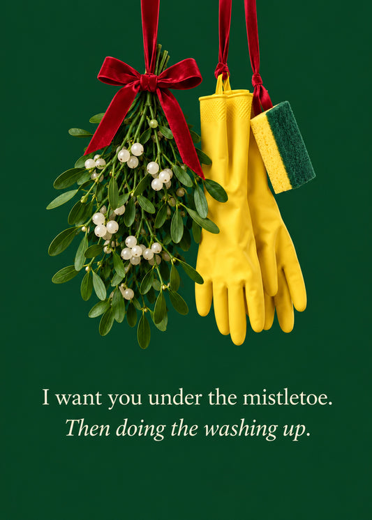 Funny Christmas card showing a photoreal sprig of mistletoe hanging from a red velvet ribbon beside yellow rubber, by Gigglz