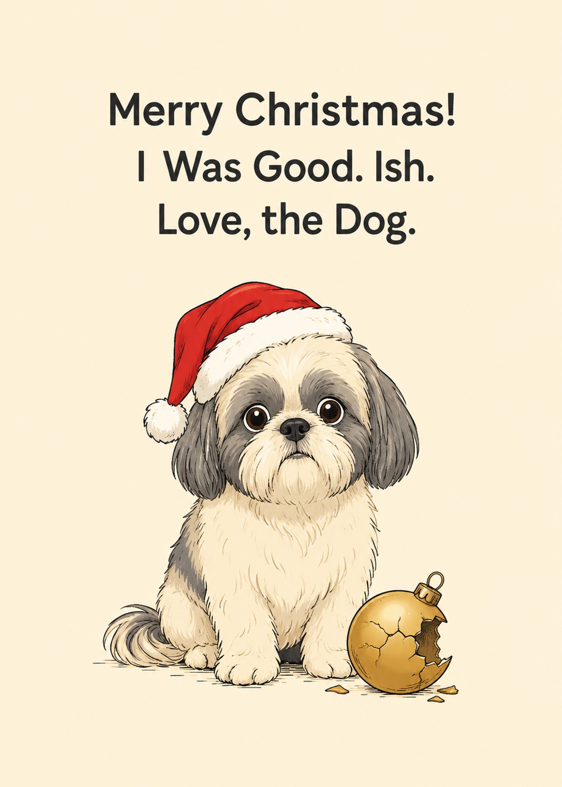 Funny Christmas card showing a Shih Tzu in a Santa hat beside a chewed gold bauble, with I Was Good text, by Gigglz