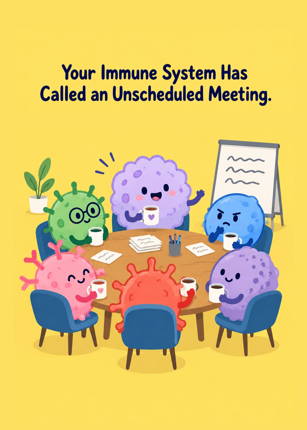 Funny get well card showing a boardroom of cute cartoon germs and antibodies holding a meeting with coffee, by Gigglz
