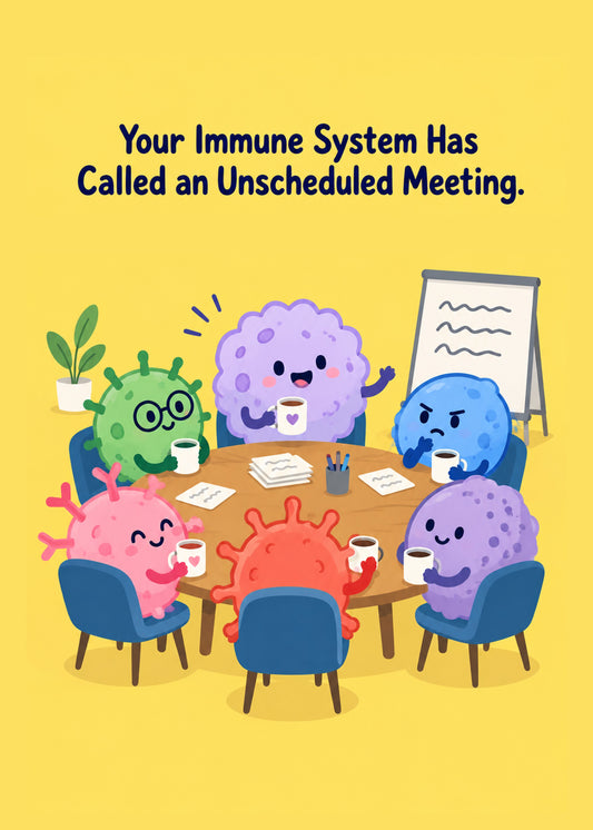 Funny get well card showing a boardroom of cute cartoon germs and antibodies holding a meeting with coffee, by Gigglz