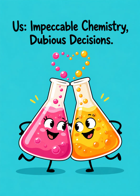 Funny anniversary card showing two grinning conical flasks, pink and orange, clinking together with a heart, by Gigglz