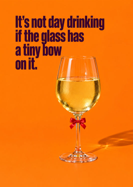 Funny Christmas card showing a photoreal glass of white wine with a tiny red bow on the stem against a bold orange, by Gigglz