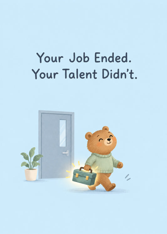 Cute leaving card showing a gentle cartoon bear in a jumper carrying a glowing toolbox out of an office door, by Gigglz