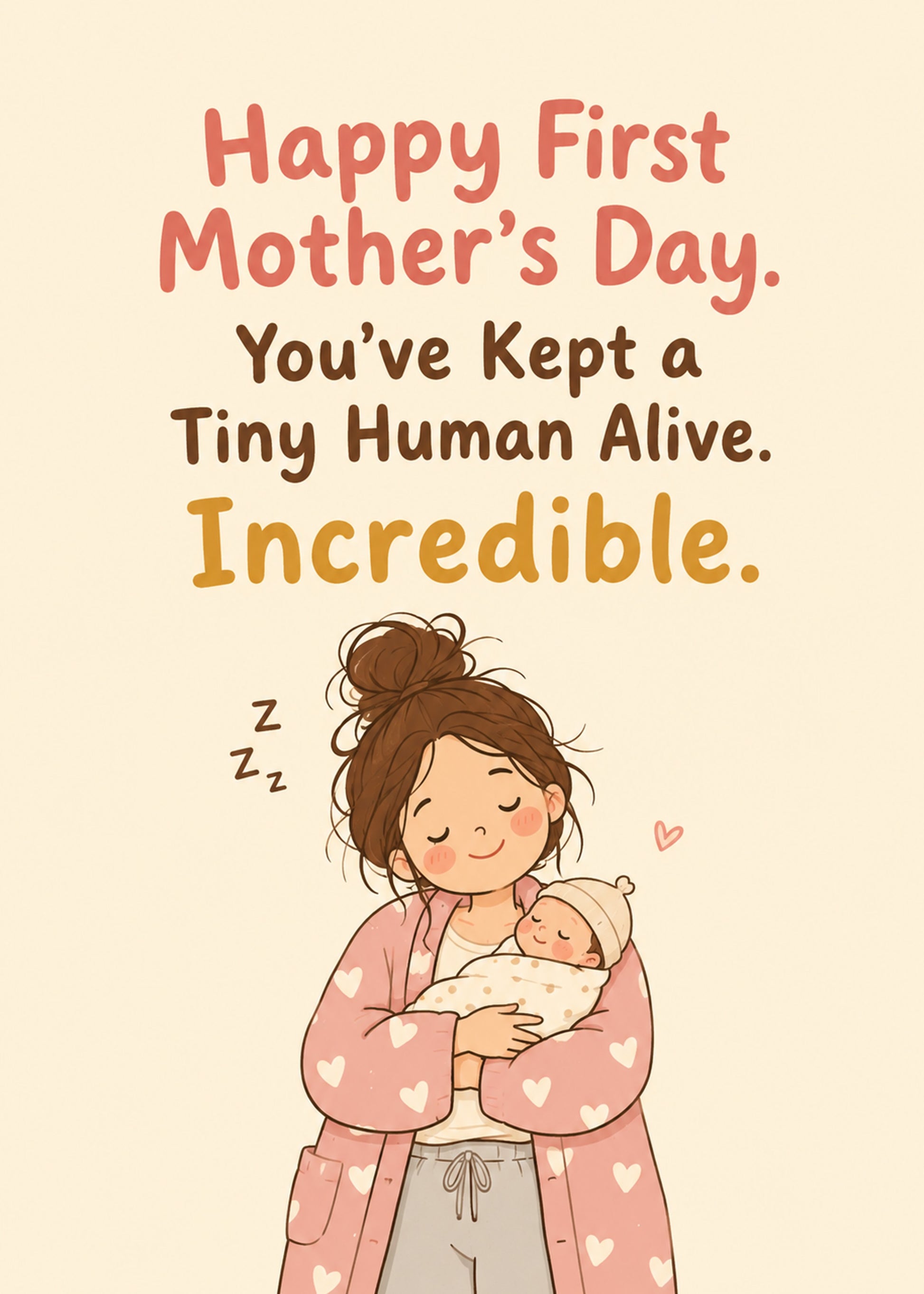 Cute Mother's Day card showing a tired but happy new mum in a dressing gown cradling a sleeping newborn, by Gigglz