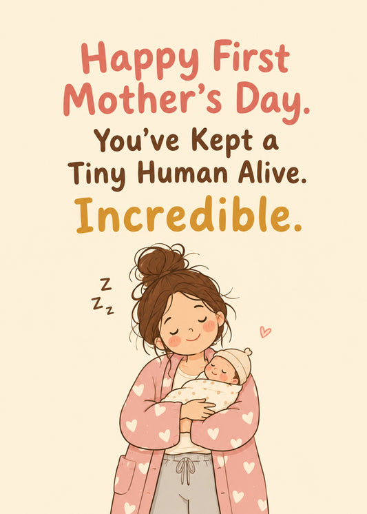 Cute Mother's Day card showing a tired but happy new mum in a dressing gown cradling a sleeping newborn, by Gigglz